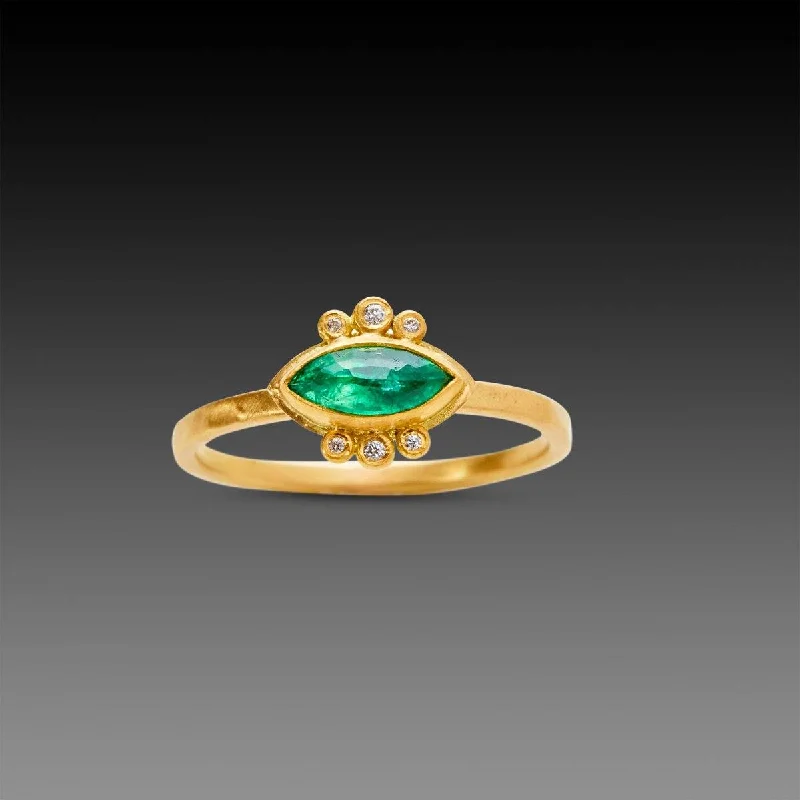 Marquise Emerald Ring with Diamond Trios