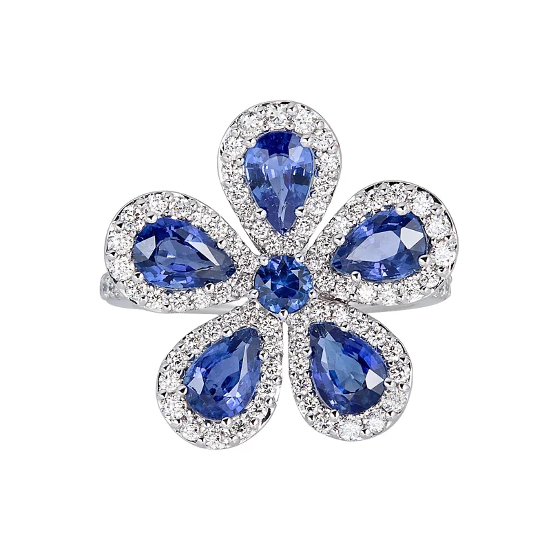 Classic Flower Ring with Blue Sapphires and Diamonds