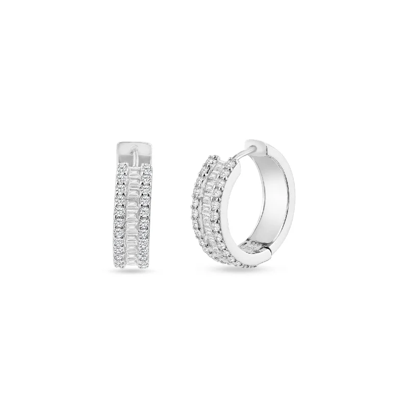 Rhodium Plated 925 Sterling Silver Pave Huggie Hoop Earring 20mm - STE01336