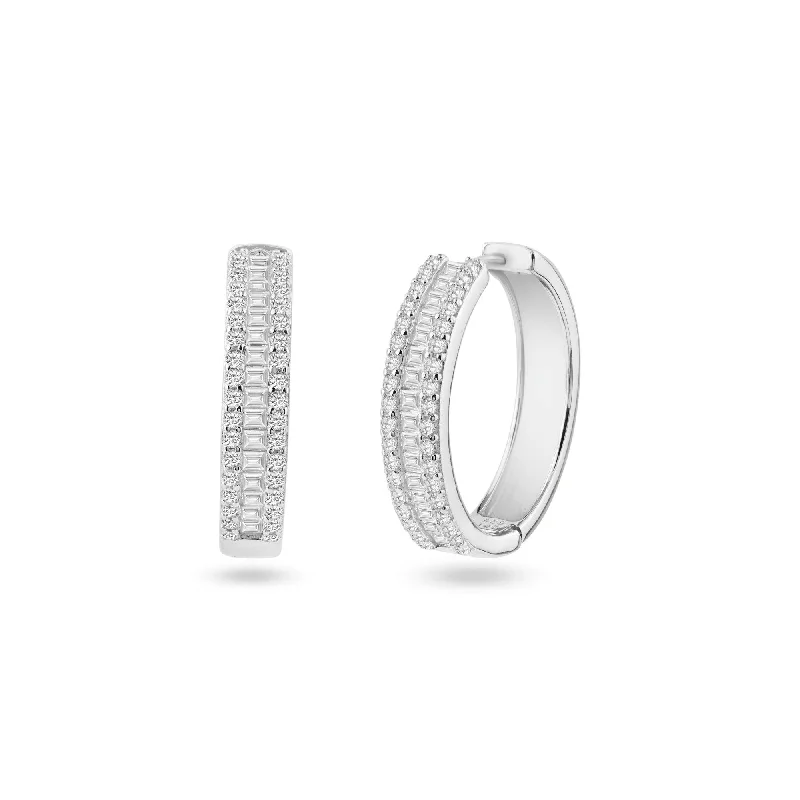 Rhodium Plated 925 Sterling Silver Pave Huggie Hoop Earring 26mm - STE01337