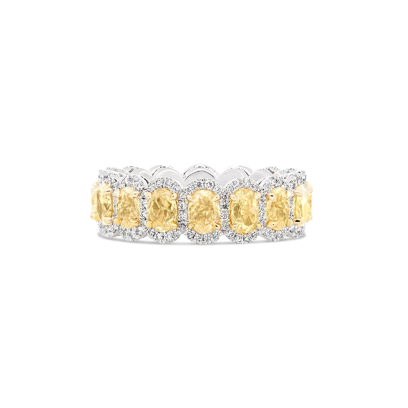 Riviera Oval Shaped Fancy Yellow Diamond Halo Eternity Ring | 18K White Gold