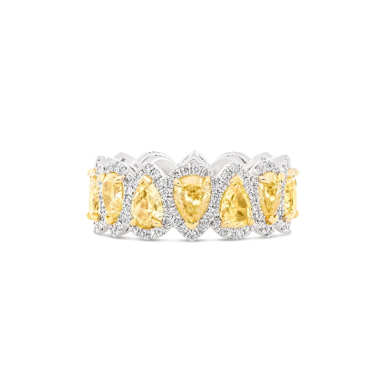 Riviera Pear Shaped Fancy Yellow Diamond Halo Eternity Ring | 18K White Gold