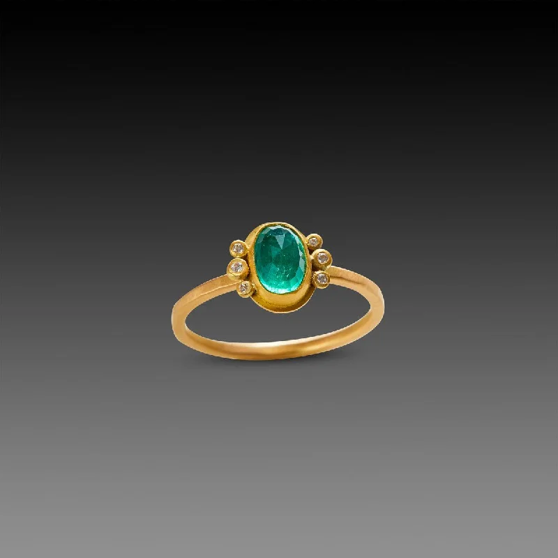 Rose Cut Emerald Ring with Diamond Trios