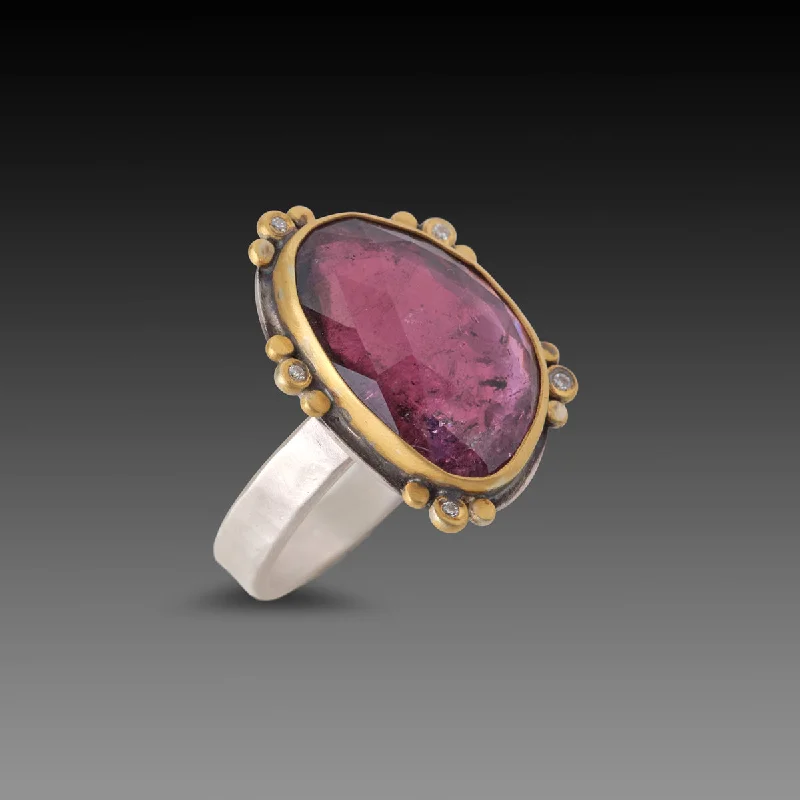 Rose Cut Pink Tourmaline Ring with Five Diamond Trios