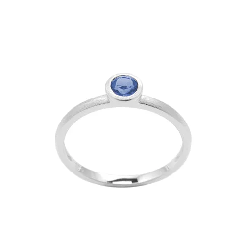 Round Bezel Set Blue Sapphire Ring, 14K White Gold