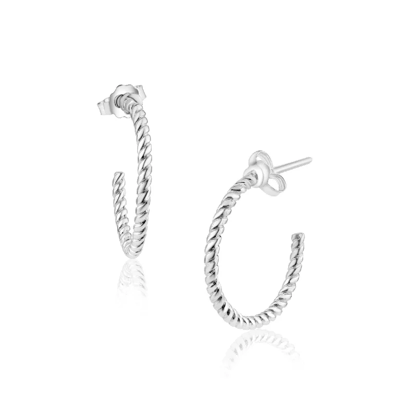 Rhodium Plated 925 Sterling Silver Rope Design Semi Hoop Earring 20mm - STE01347