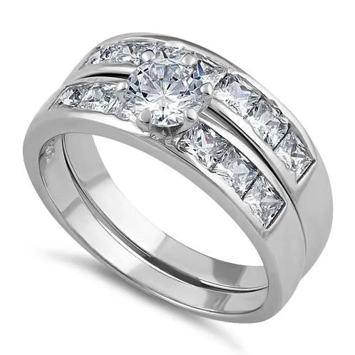 Sterling Silver Clear Round Cut Engagement Set CZ Ring