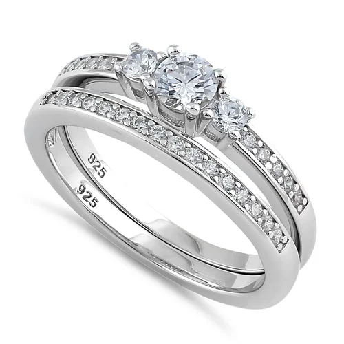 Sterling Silver 3 Stones Engagement Set Ring