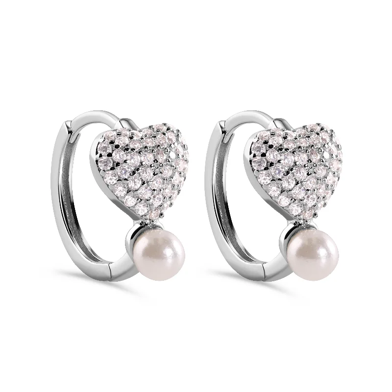 Rhodium Plated 925 Sterling Silver Heart Clear CZ Studded Syntethic Pearl Hoop Earring - STE01380