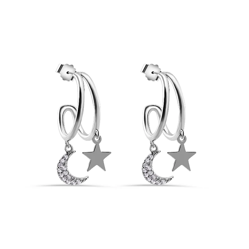 Rhodium Plated 925 Sterling Silver Moon and Star Hoop Earring - STE01383