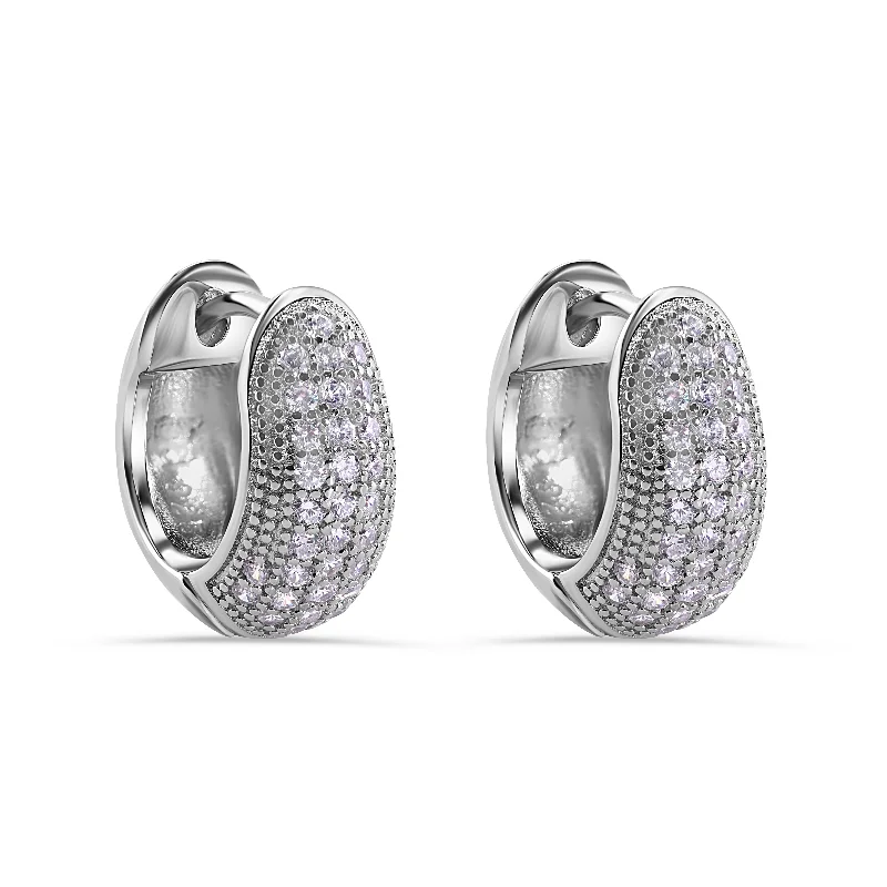 Rhodium Plated 925 Sterling Silver Pave Half Clear CZ Studded Hoop Earring - STE01379