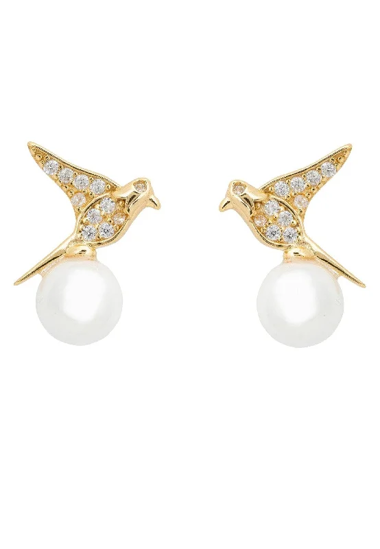 Swallows And Pearl Stud Earring Gold