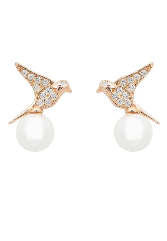 Swallows And Pearl Stud Earring Rosegold