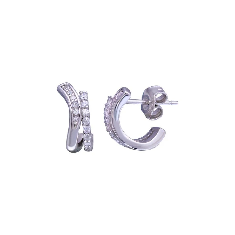 Rhodium Plated 925 Sterling Silver 2 Line Wave Semi huggie hoop CZ Stud Earring - STE01276