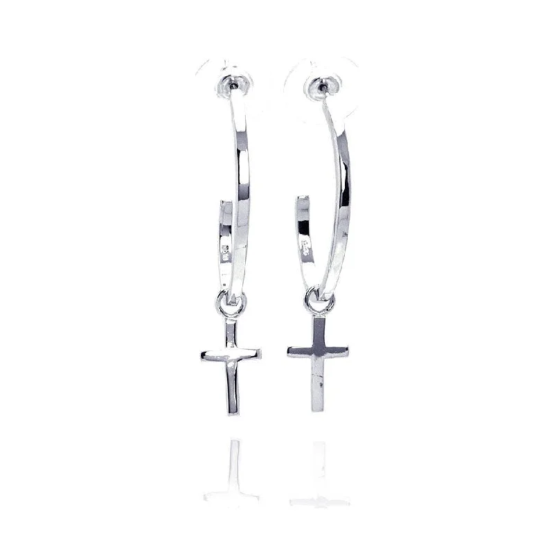 Silver 925 Rhodium Plated Cross Clear CZ Hoop Earring - BGE00031