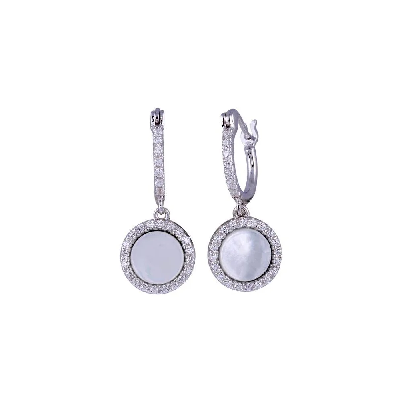 Rhodium Plated 925 Sterling Silver Dangling CZ Disc with Mother of Pearl huggie hoop Earring -BGE00675