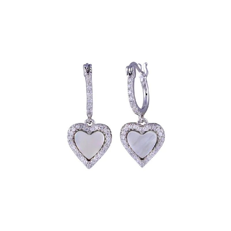 Rhodium Plated 925 Sterling Silver Dangling CZ Heart with Mother of Pearl huggie hoop Earring - BGE00676