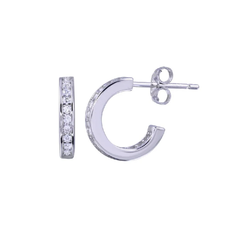 Rhodium Plated 925 Sterling Silver Semi-Hoop CZ Earring - STE01313