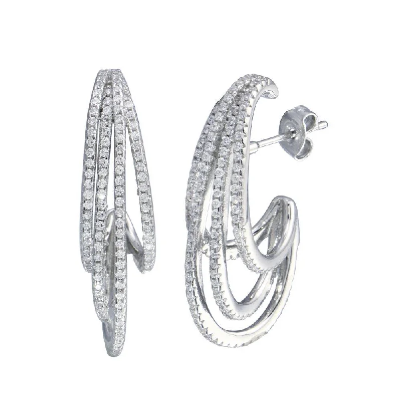 Rhodium Plated 925 Sterling Silver Semi Hoop Dangling Wave Earring - STE01256