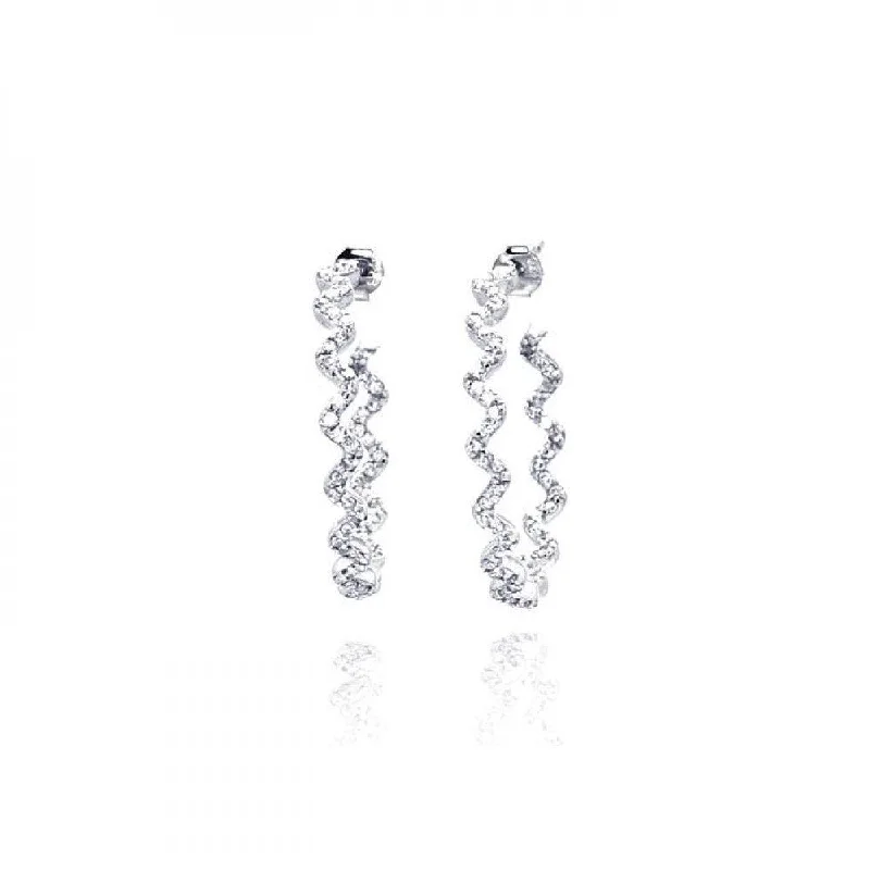 Rhodium Plated 925 Sterling Silver Zigzag CZ Hoop Earring - STE00533