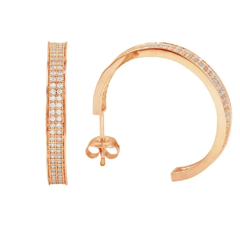 Silver 925 Rose Gold Plated Channel Clear CZ Hoop Earring - GME00003RGP