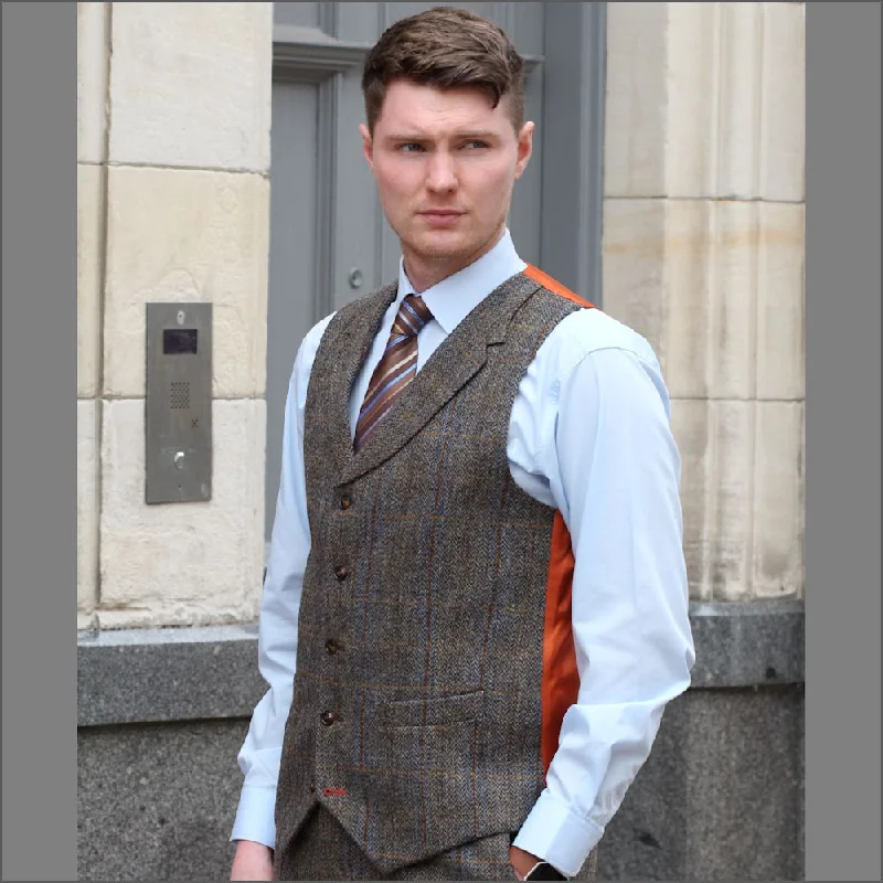 Harris Tweed Brown, Blue Herringbone Waistcoat--