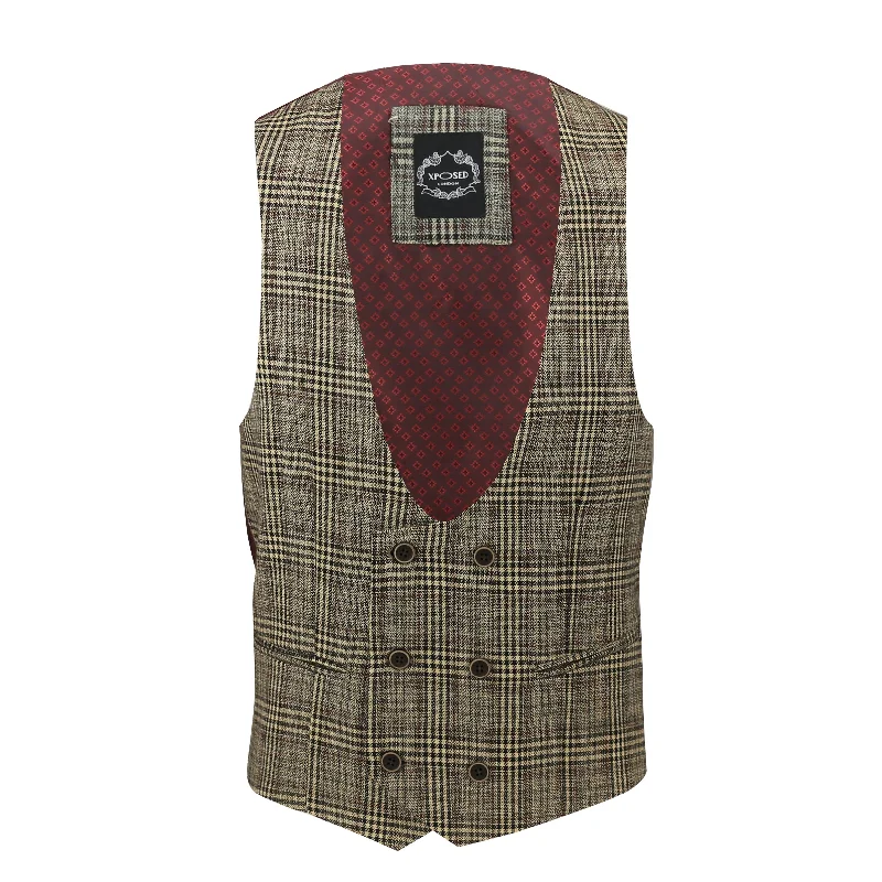 HERRINGBONE TWEED CHECK DOUBLE BREASTED WAISTCOAT IN BROWN