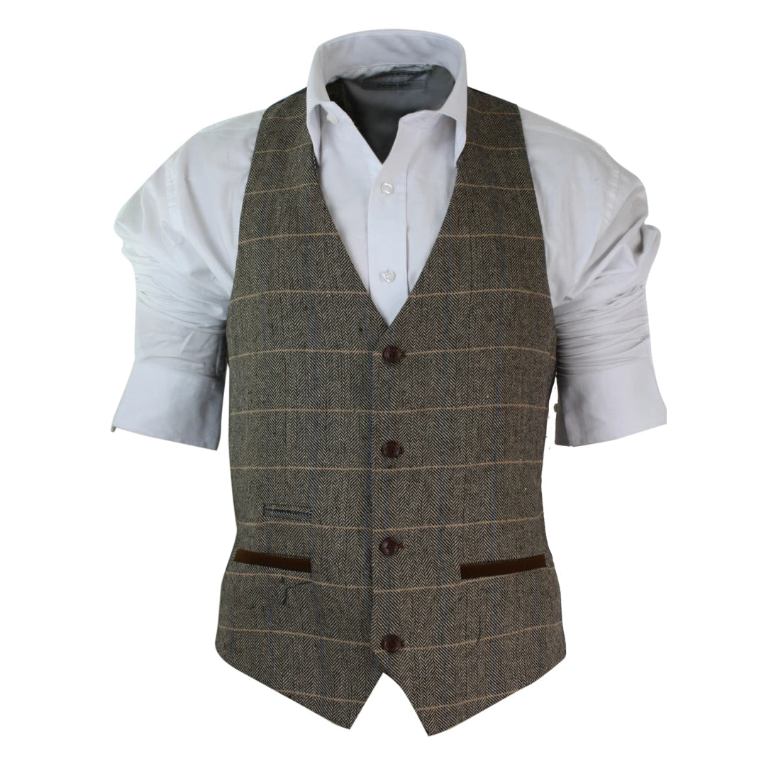 Men's Tweed Check Waistcoat Herringbone Tan Brown Grey Velvet Trim