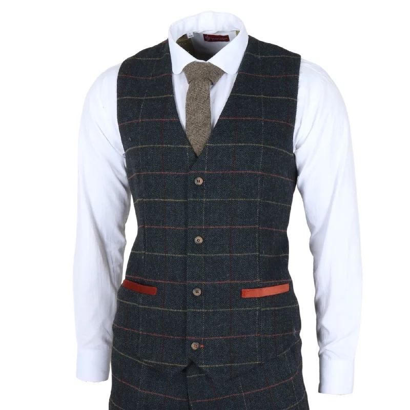 Men's Waistcoat Navy Blue Checked Herringbone Tweed Tailored Fit Vest