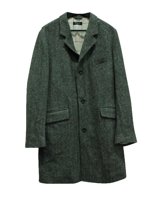 Herringbone-Tweed Belted Trench Coat in Grey Wool