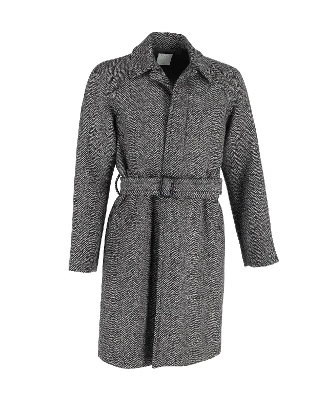 Grey Herringbone Belted Wool Coat