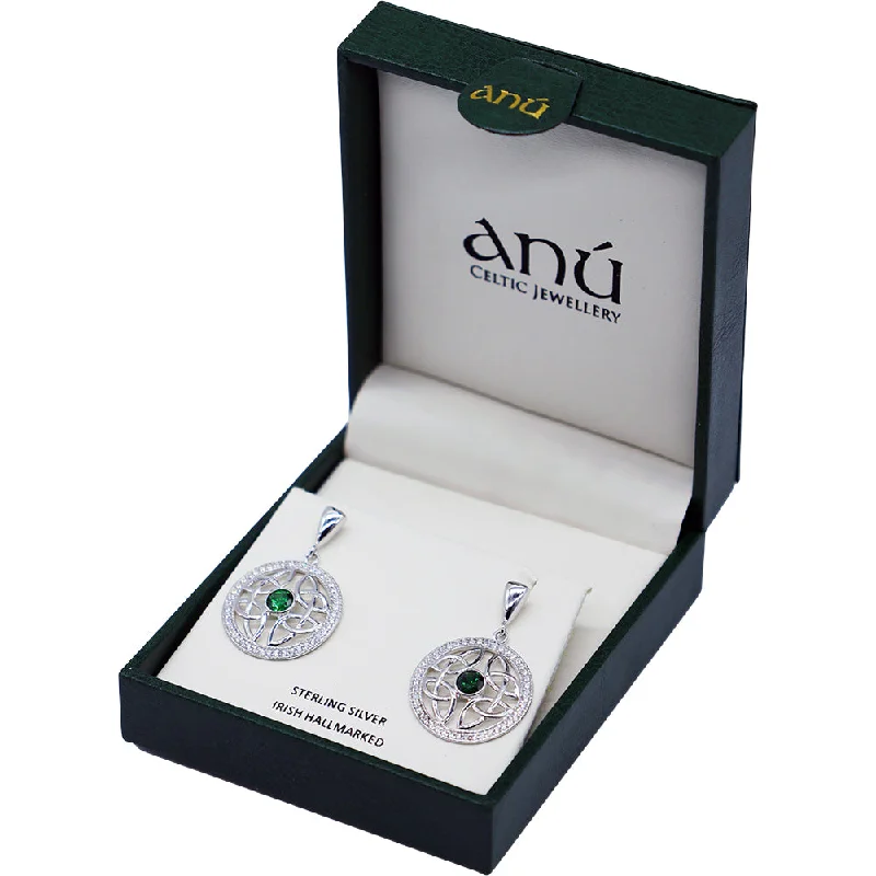 Sterling Silver Celtic Circle Green Cubic Zirconia Drop Earrings