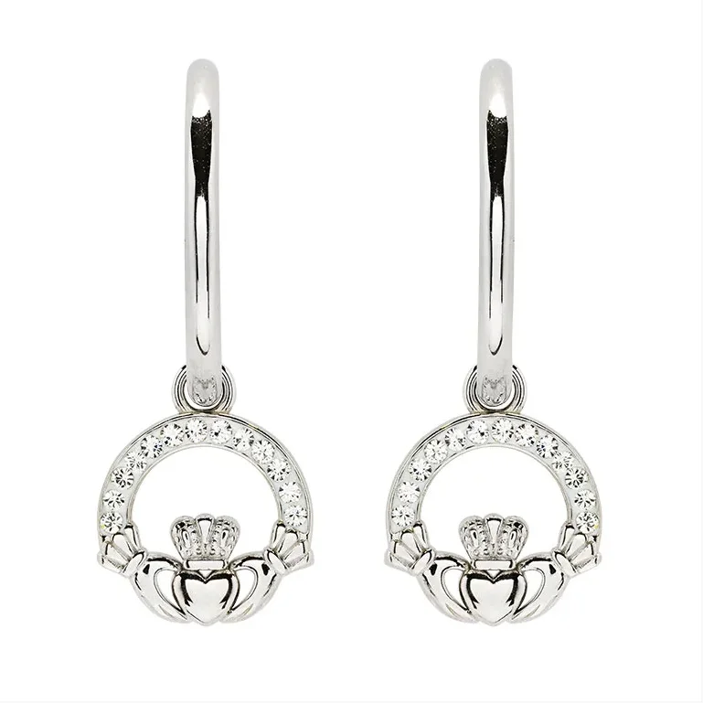 Sterling Silver Crystal Claddagh Hoop Earrings