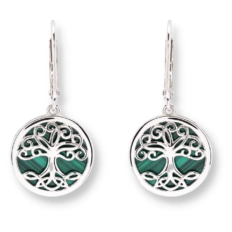 Sterling Silver Tree of Life Malachite Drop Earrings