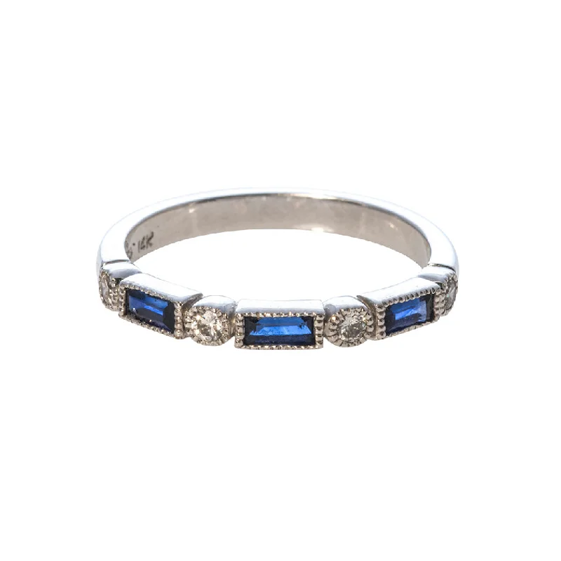 Baguette Sapphire & Diamond Milgrain Halfway 14K Gold Band