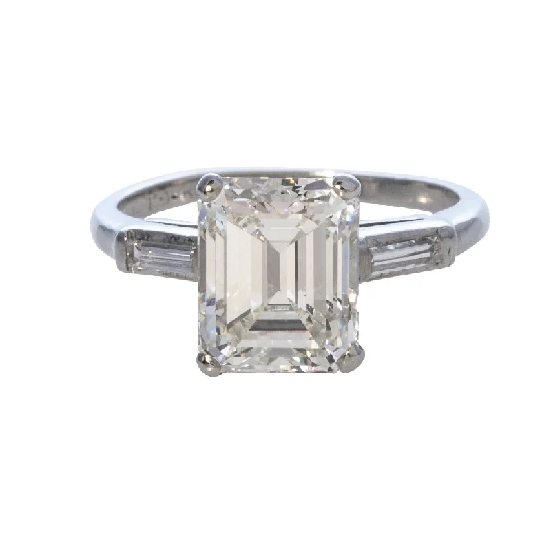 Estate 3ct Emerald-Cut & .10ct Baguette Side Diamond Platinum Ring