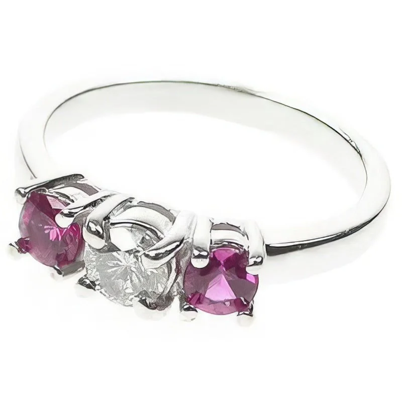 0.90 CT Round Cut Rubies & Diamonds - Three Stone Ring