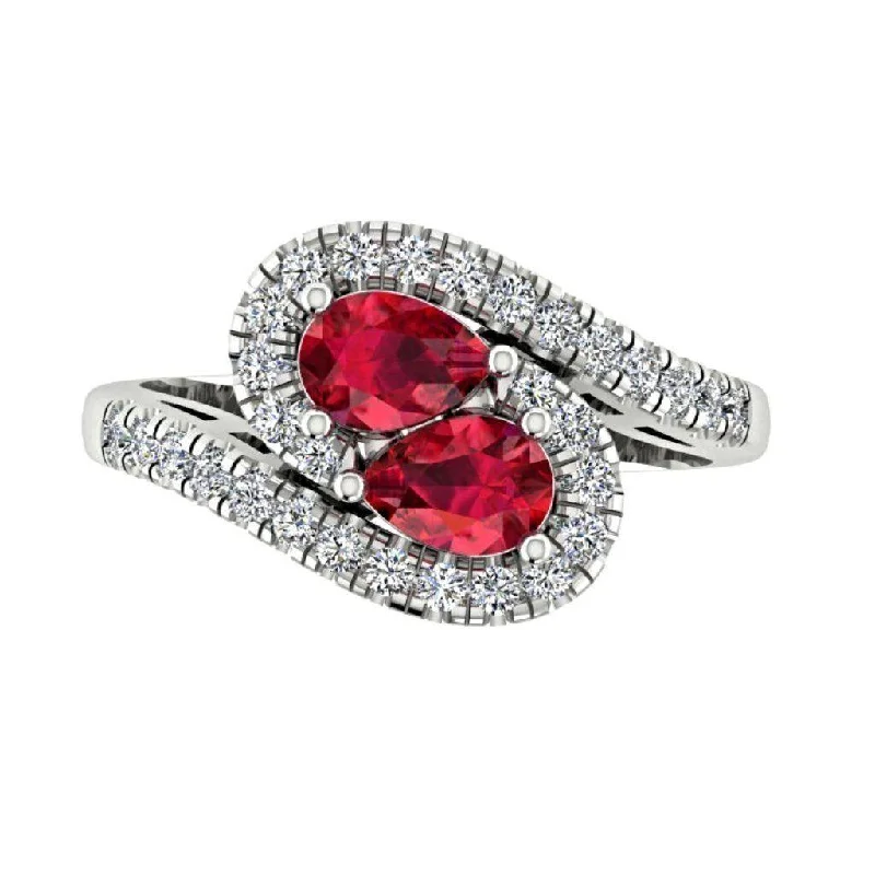 Twin Pear Rubies Diamond Ring 14K Gold Wave Band