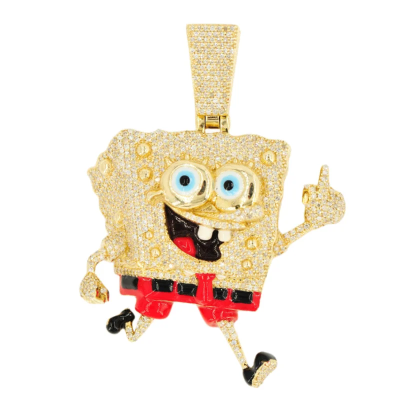 10k YELLOW GOLD 1.60CTW DIAMOND MIDDLE FINGER CARTOON SPONGE CHARACTER PENDANT