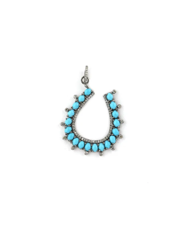 Large Silver Diamond Turquoise Horseshoe Pendant