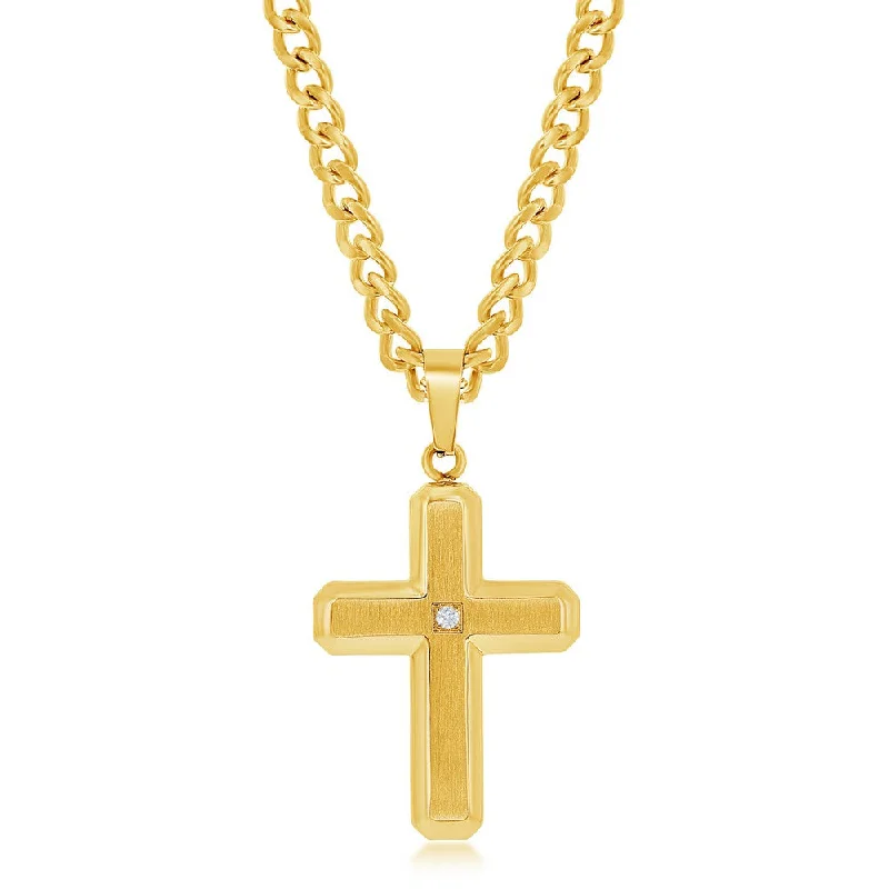 Stainless Steel Brushed & Polished w/ Single CZ Cross Necklace - Gold Plated